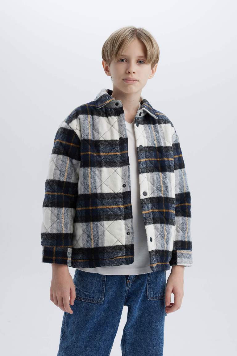 Boy Oversize Fit Polo Neck Flannel Snap Closure Shirt Jacket