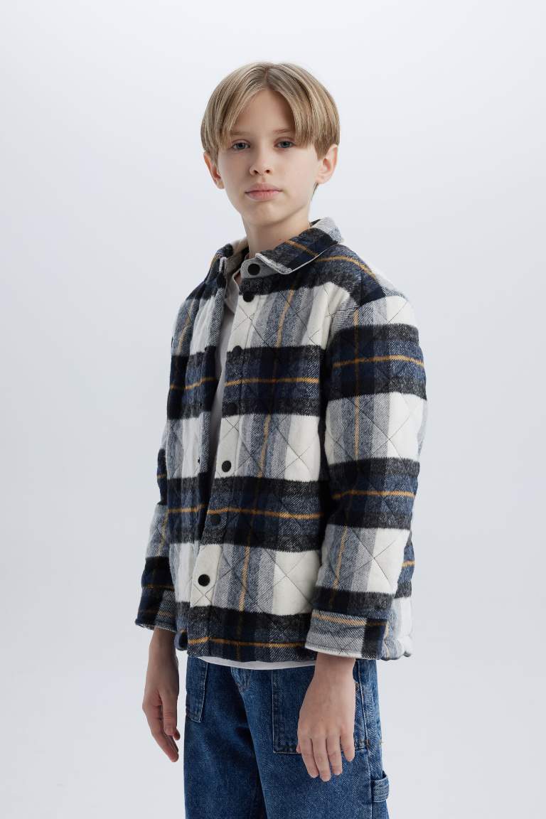 Boy Oversize Fit Polo Neck Flannel Snap Closure Shirt Jacket