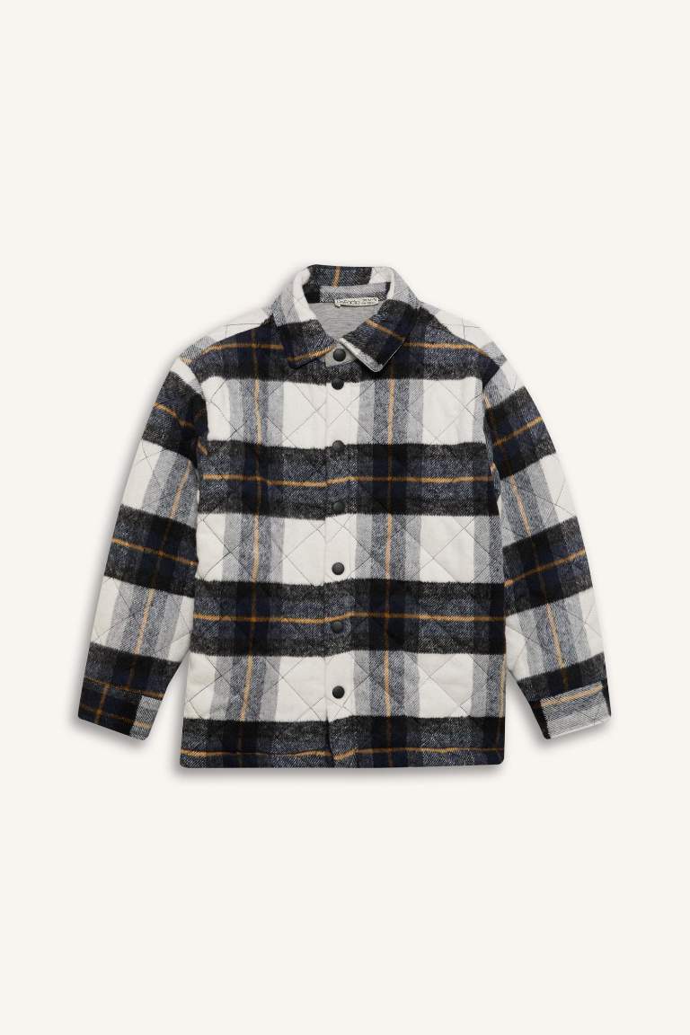 Boy Oversize Fit Polo Neck Flannel Snap Closure Shirt Jacket