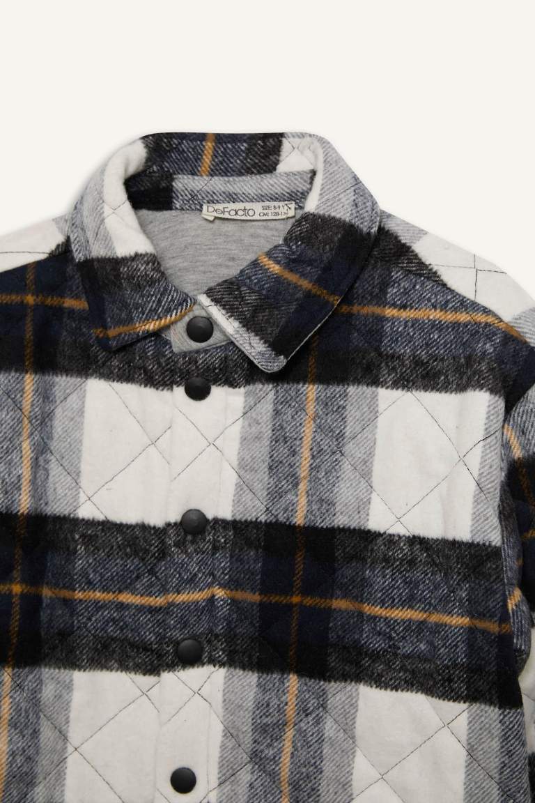 Boy Oversize Fit Polo Neck Flannel Snap Closure Shirt Jacket