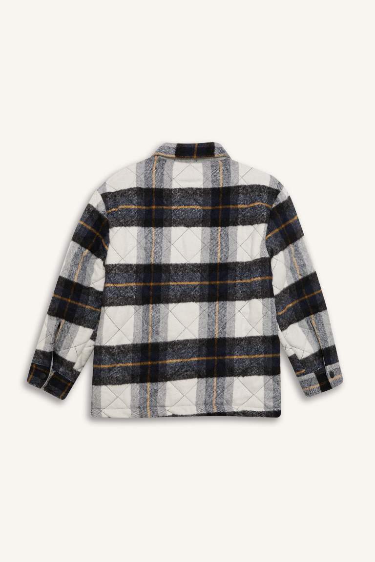 Boy Oversize Fit Polo Neck Flannel Snap Closure Shirt Jacket