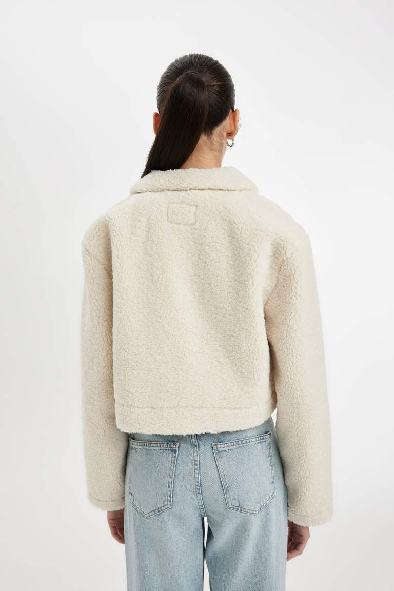 Cropped Fit Gömlek Yaka Çıtçıtlı Crop Pelüş Ceket