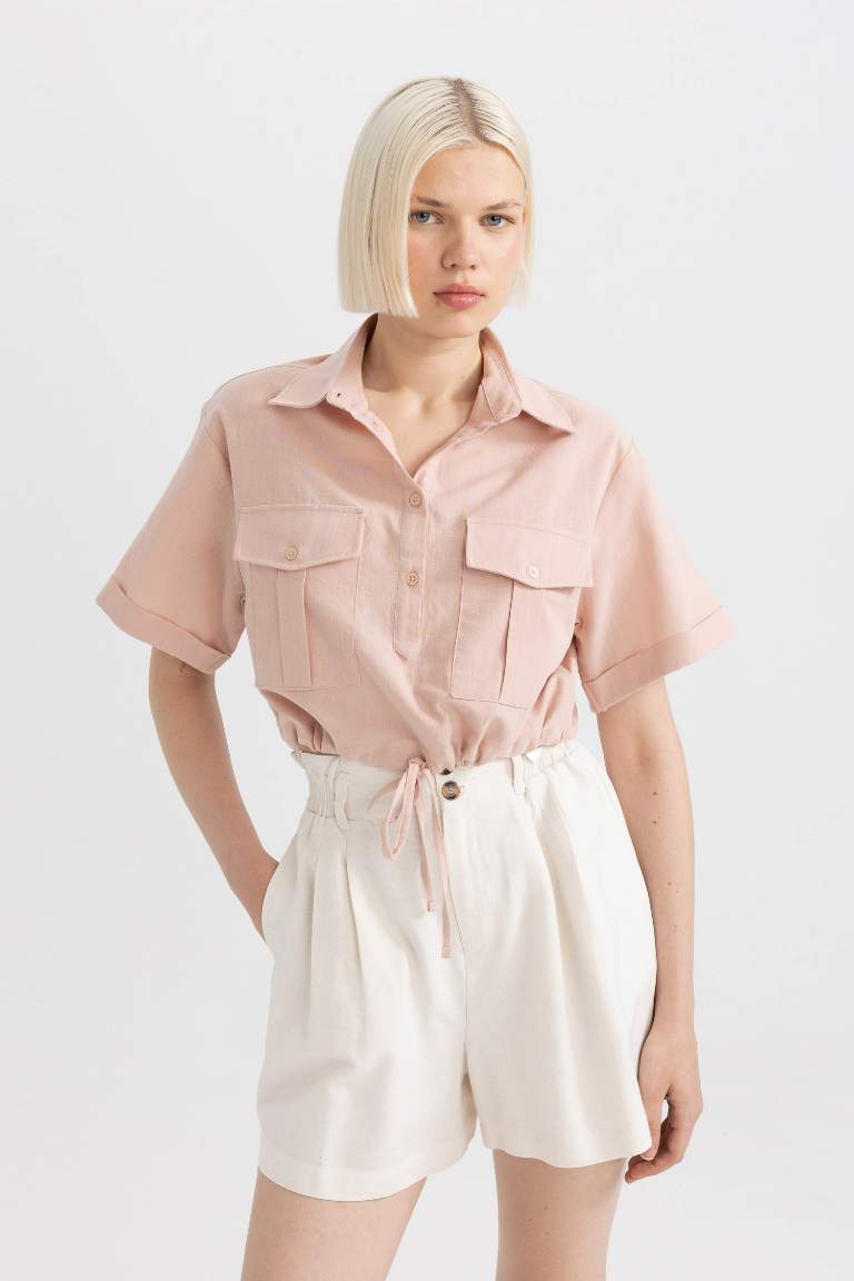 Shirt Collar Linen Blend Crop Blouse