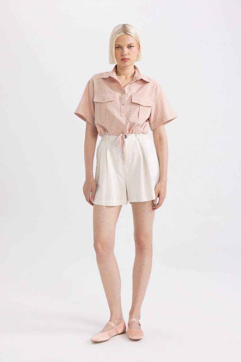 Shirt Collar Linen Blend Crop Blouse