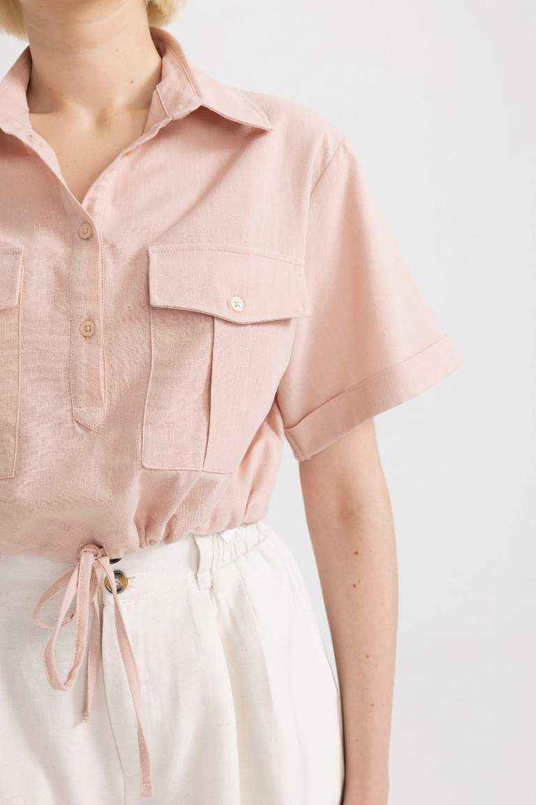 Shirt Collar Linen Blend Crop Blouse