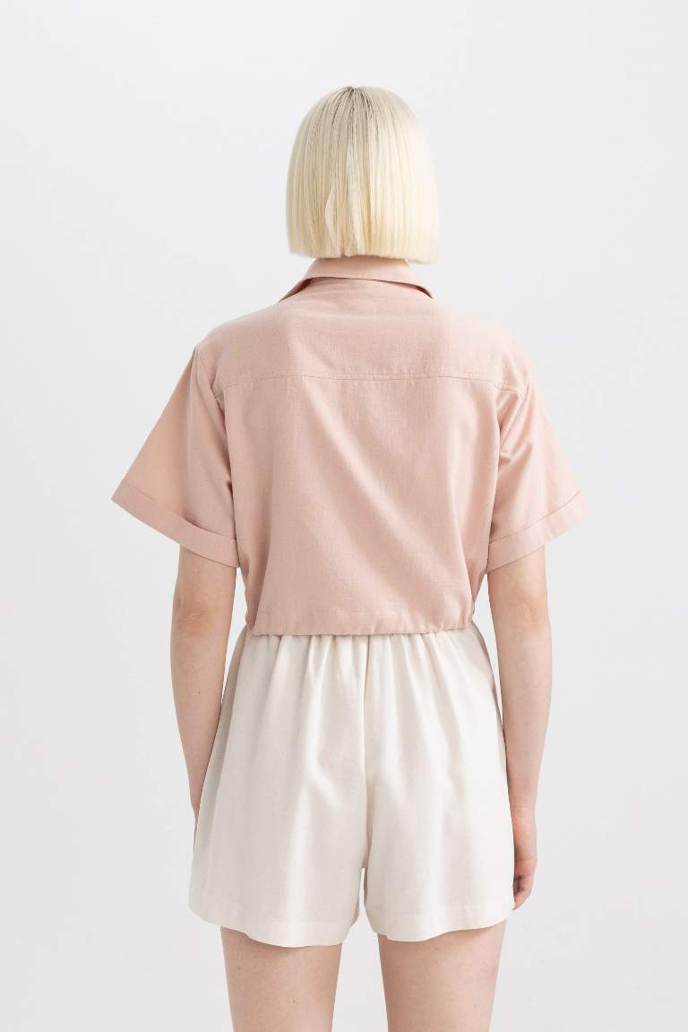 Shirt Collar Linen Blend Crop Blouse