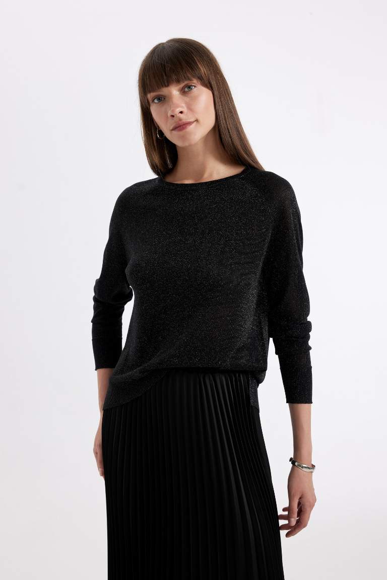 Regular Fit Crew Neck Raglan Sleeve Glittery Basic Knitted Pullover