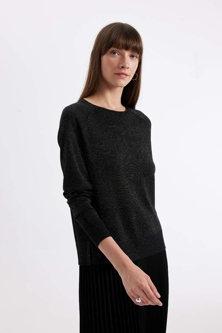 Regular Fit Crew Neck Raglan Sleeve Glittery Basic Knitted Pullover