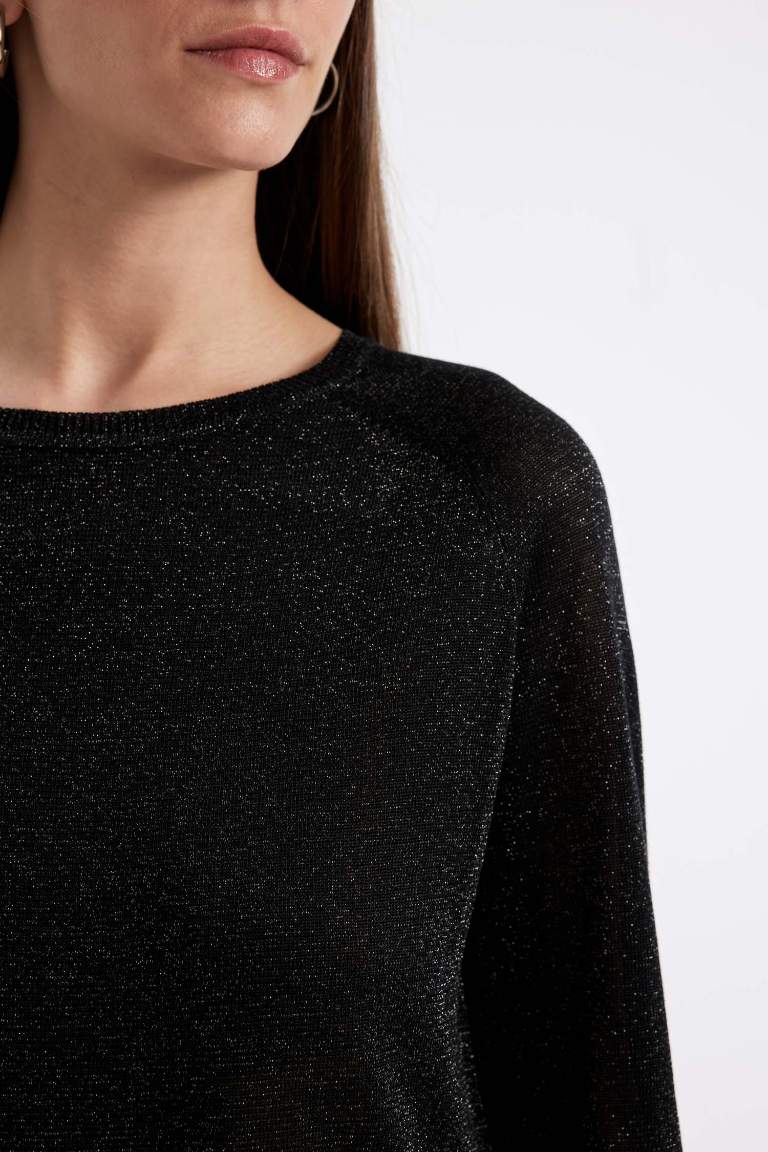 Regular Fit Crew Neck Raglan Sleeve Glittery Basic Knitted Pullover