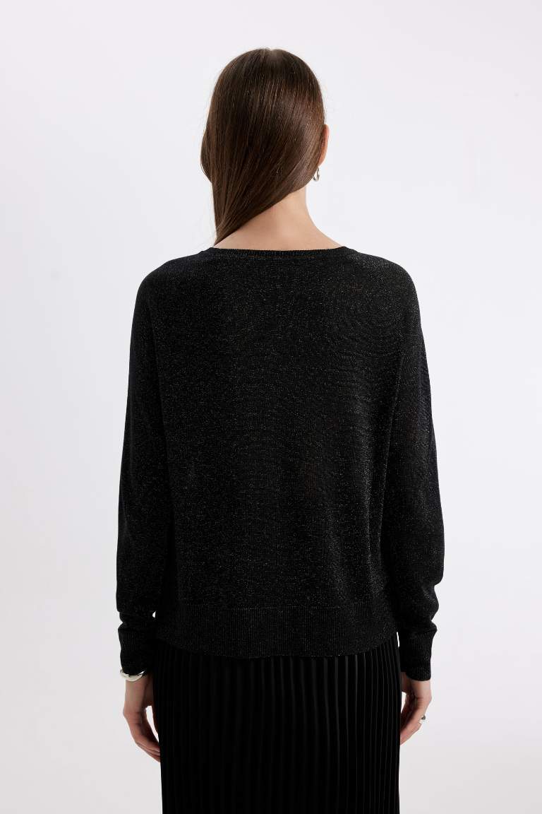 Regular Fit Crew Neck Raglan Sleeve Glittery Basic Knitted Pullover