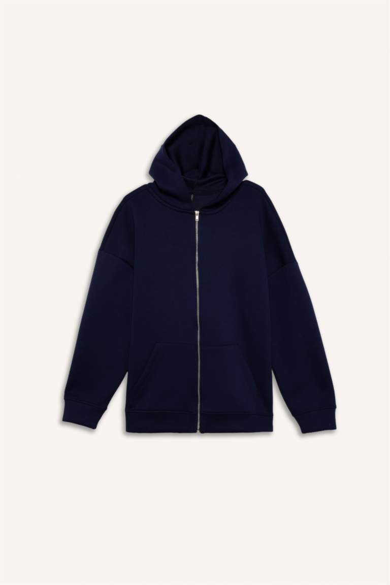 Oversize Geniş Kalıp Kapüşonlu Skuba Dalgıç Kumaş Fermuarlı Sweatshirt