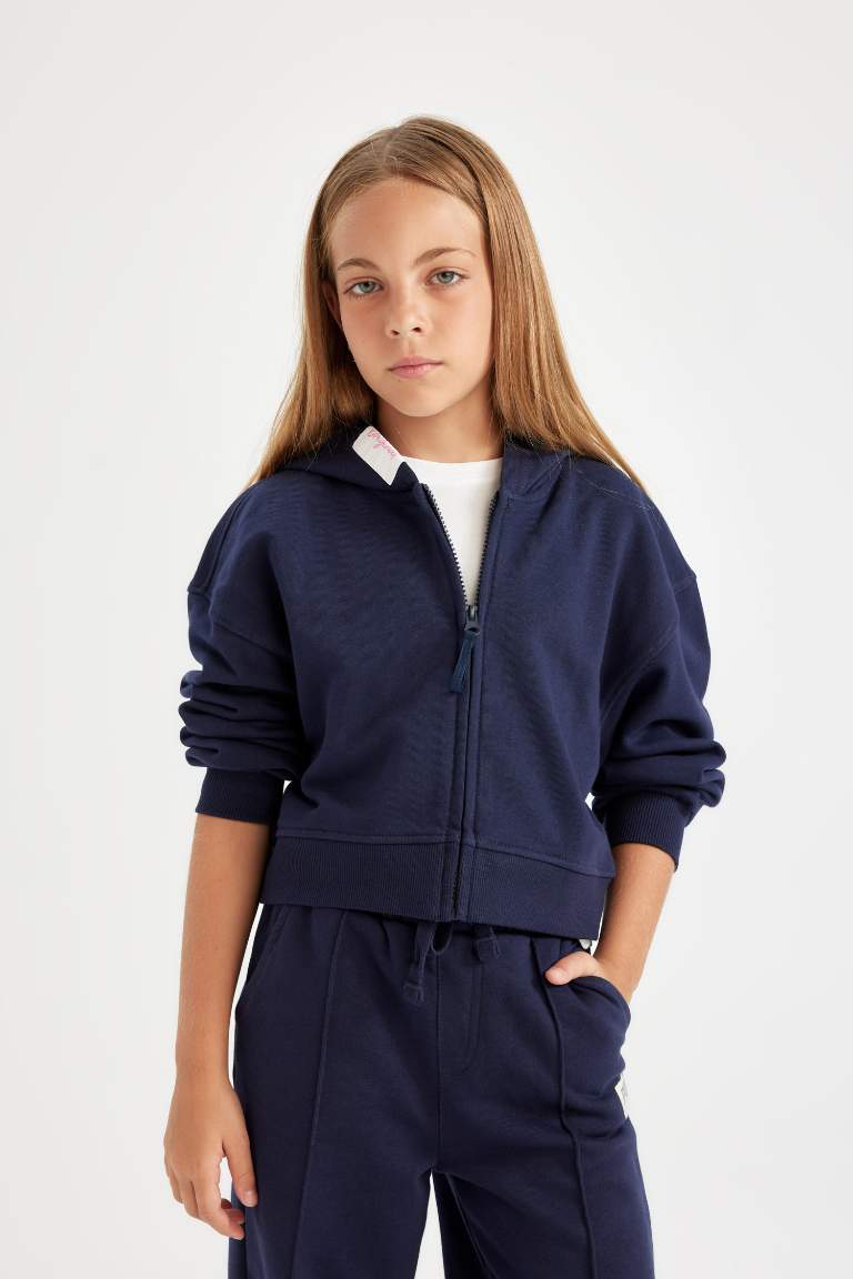 Girl Printed Navy Blue Hooded Zippered School Cardigan