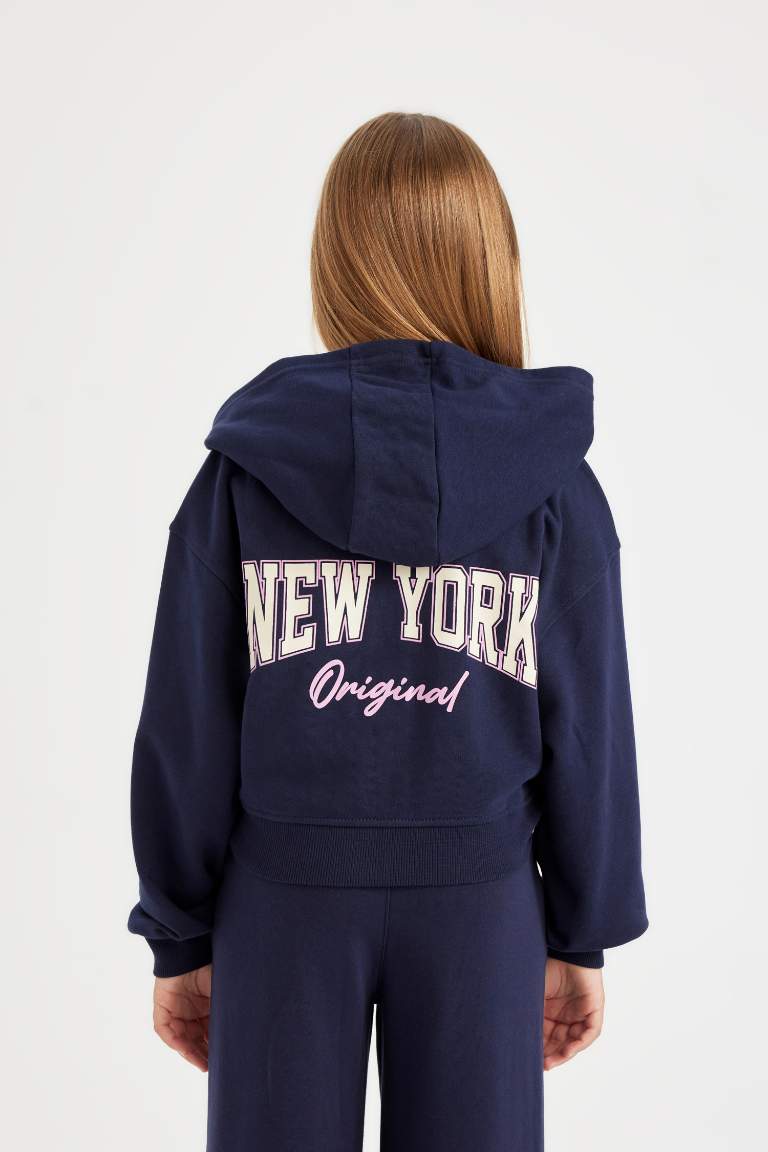 Girl Printed Navy Blue Hooded Zippered School Cardigan