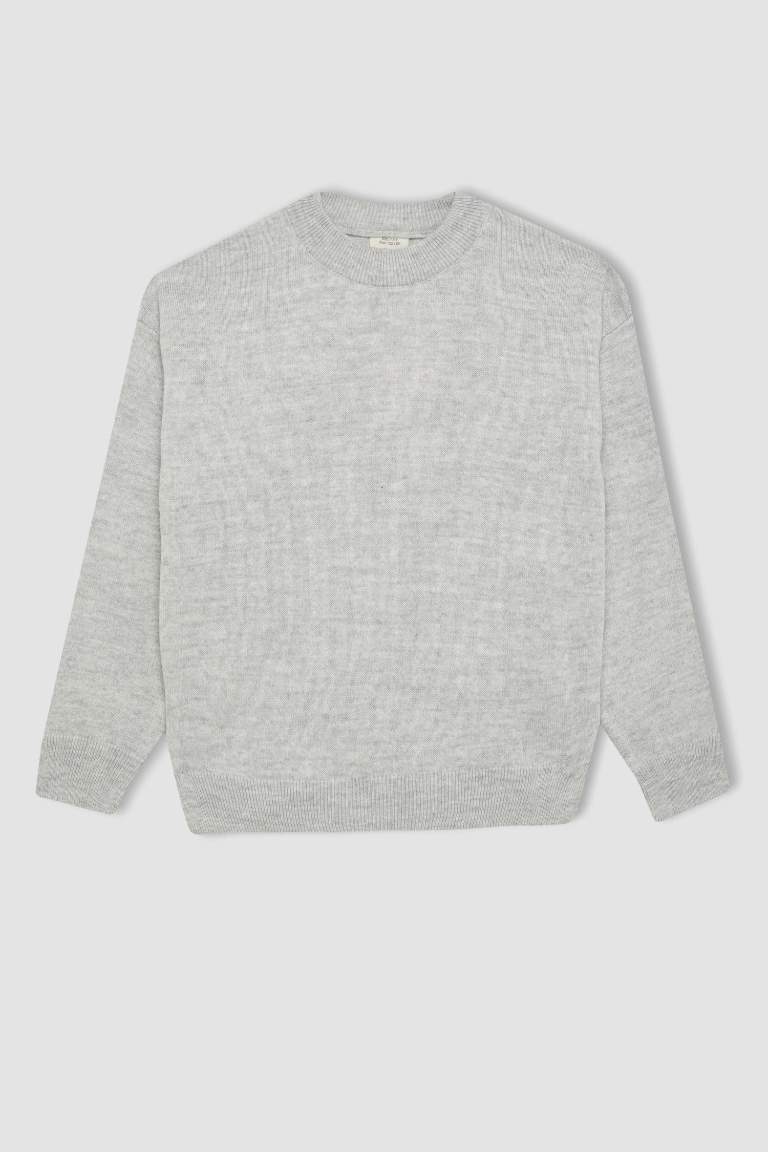 Girl Gray Standard Fit Crew Neck Basic Knitted Pullover