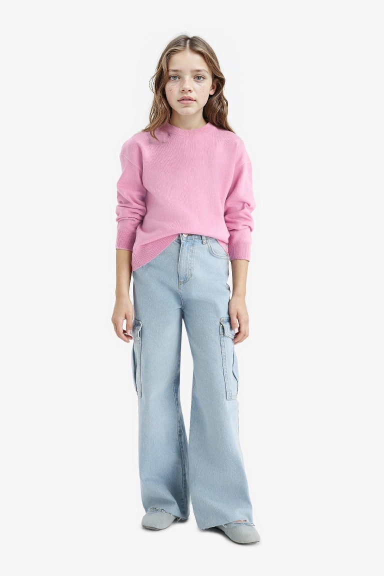 Kız Çocuk Standart Fit Bisiklet Yaka Triko Kazak