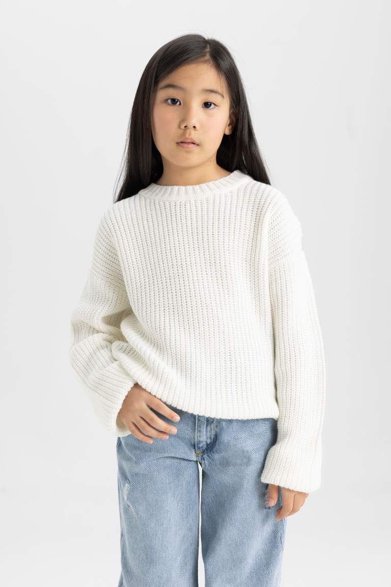 Girl Standard Fit Crew Neck Basic Knitted Pullover