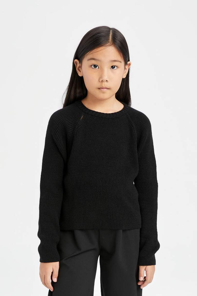 Pull tricot à col rond basique en noir à coupe standard pour Fille