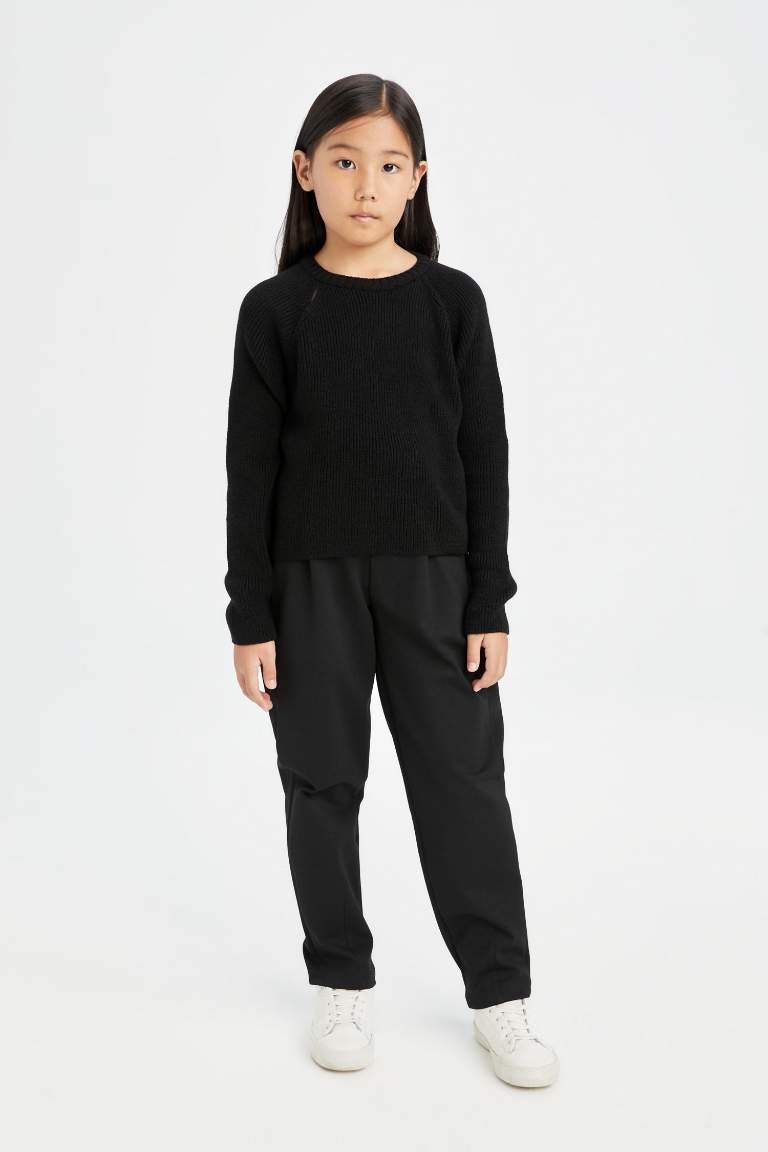 Girl Black Standard Fit Crew Neck Basic Knitted Pullover