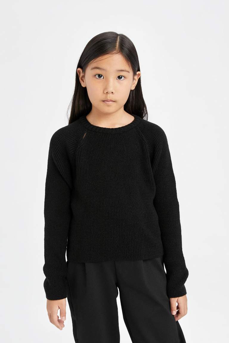 Pull tricot à col rond basique en noir à coupe standard pour Fille