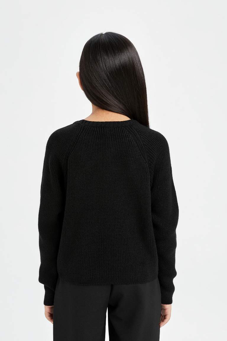 Girl Black Standard Fit Crew Neck Basic Knitted Pullover