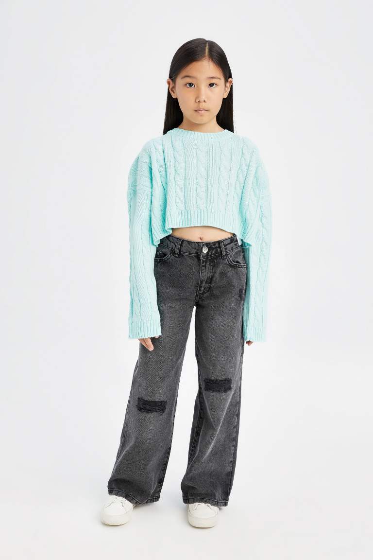 Girl Crew Neck Hair Knitted Acrylic Crop Pullover