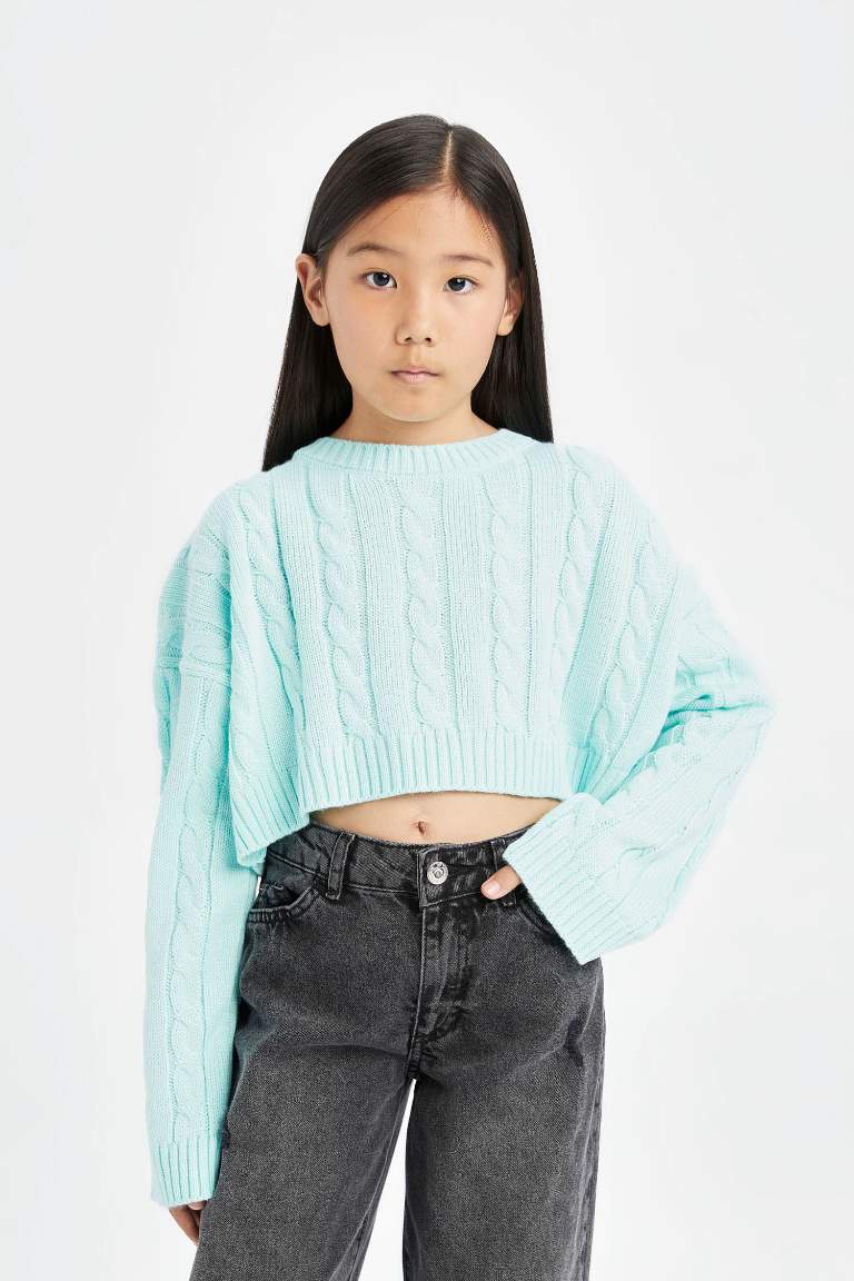 Girl Crew Neck Hair Knitted Acrylic Crop Pullover