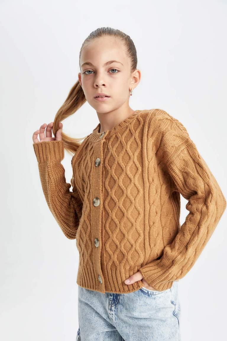 Cardigan basique en tricot à col rond et fermeture à boutons pour Fille