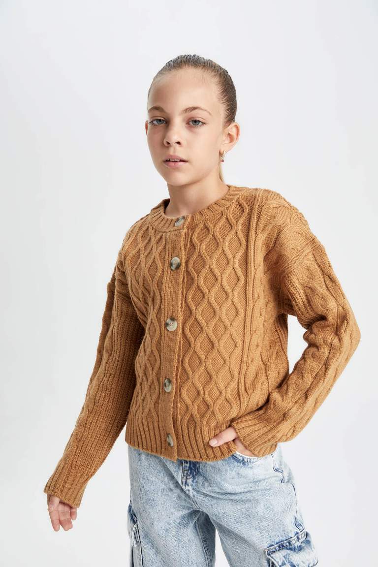 Cardigan basique en tricot à col rond et fermeture à boutons pour Fille