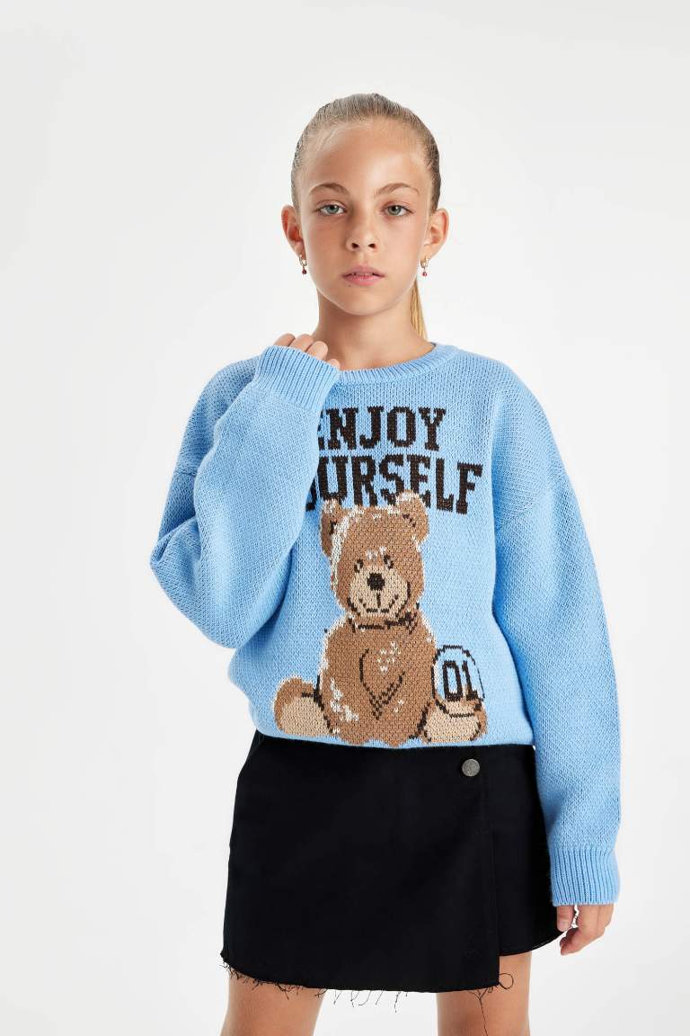 Girl Oversize Fit Teddy Bear Patterned Pullover