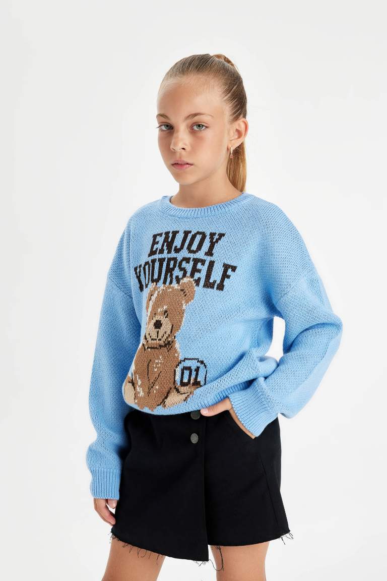 Girl Oversize Fit Teddy Bear Patterned Pullover