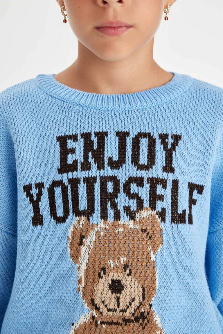 Girl Oversize Fit Teddy Bear Patterned Pullover