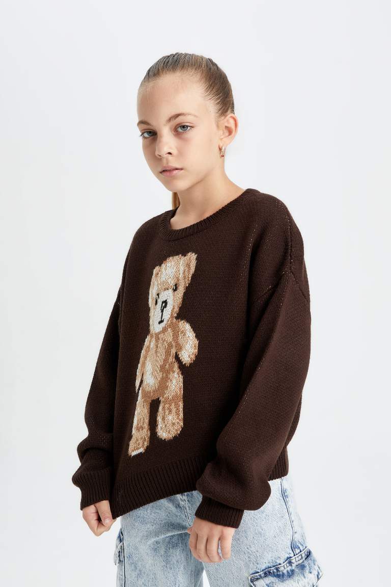 Girl Oversize Fit Crew Neck Teddy Bear Patterned Knitted Pullover