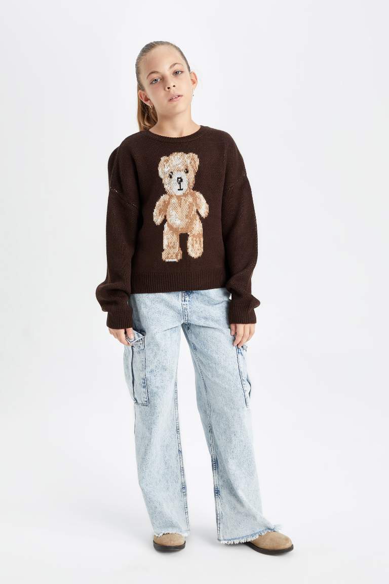 Girl Oversize Fit Crew Neck Teddy Bear Patterned Knitted Pullover