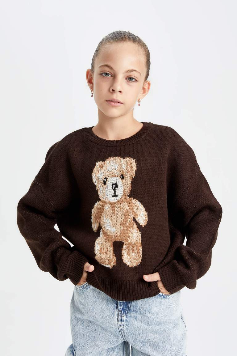 Girl Oversize Fit Crew Neck Teddy Bear Patterned Knitted Pullover