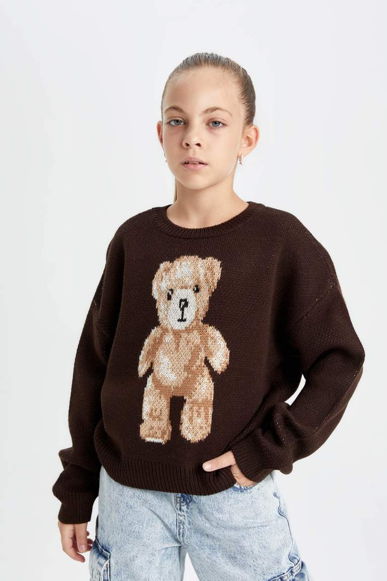 Girl Oversize Fit Crew Neck Teddy Bear Patterned Knitted Pullover