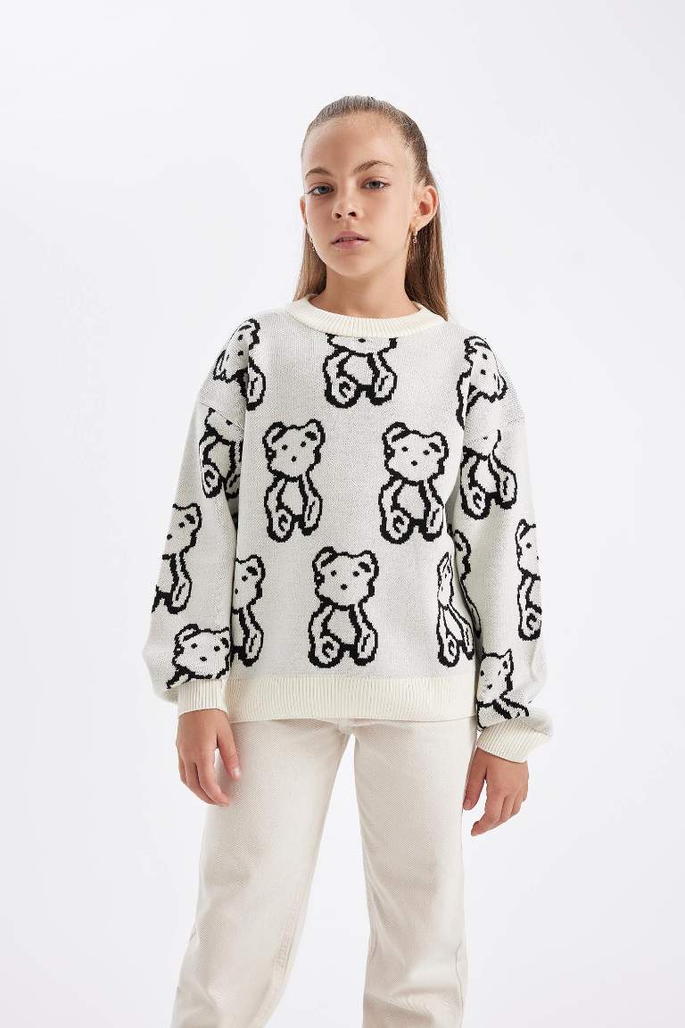 Girl Oversize Fit Teddy Bear Patterned Knitted Pullover