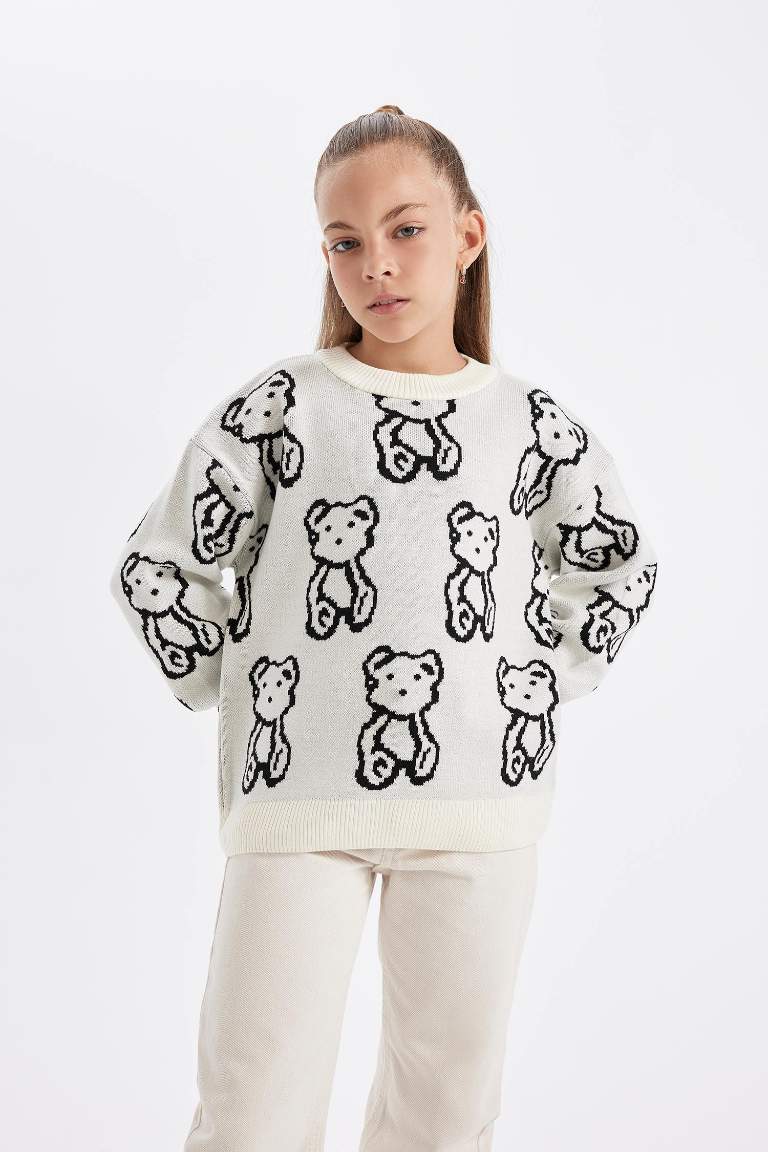 Girl Oversize Fit Teddy Bear Patterned Knitted Pullover