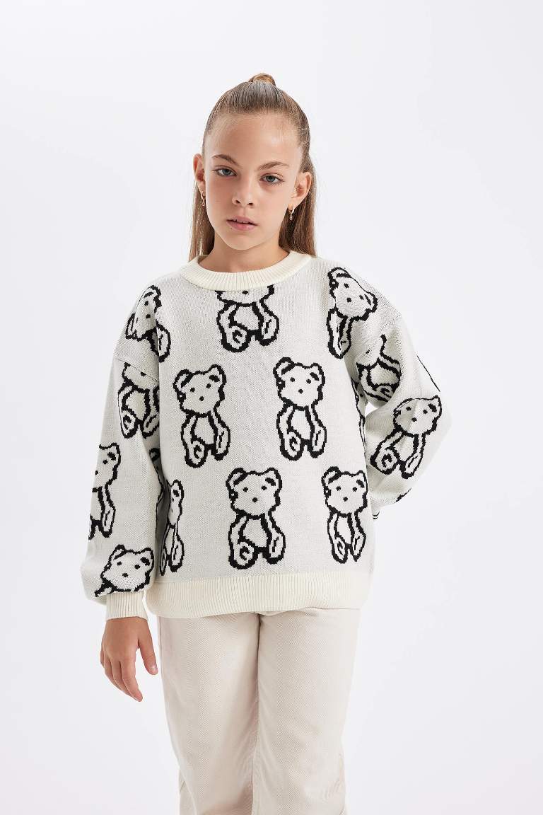 Girl Oversize Fit Teddy Bear Patterned Knitted Pullover