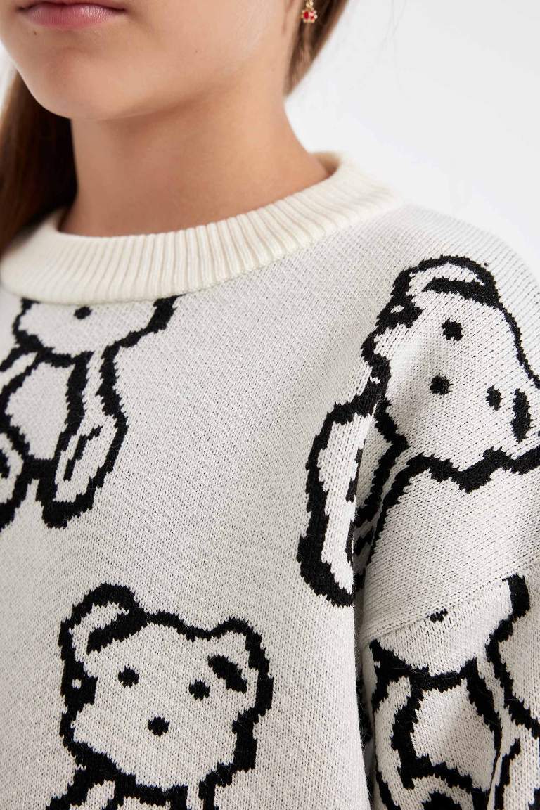 Girl Oversize Fit Teddy Bear Patterned Knitted Pullover