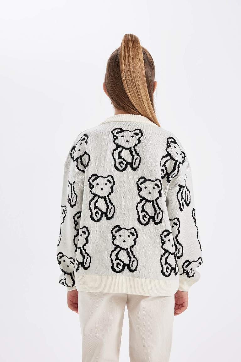 Girl Oversize Fit Teddy Bear Patterned Knitted Pullover