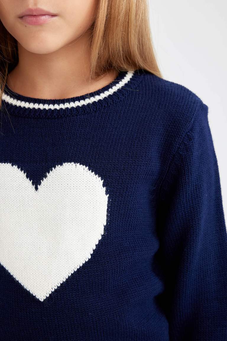 Girl Standard Fit Crew Neck Heart Knitted Pullover