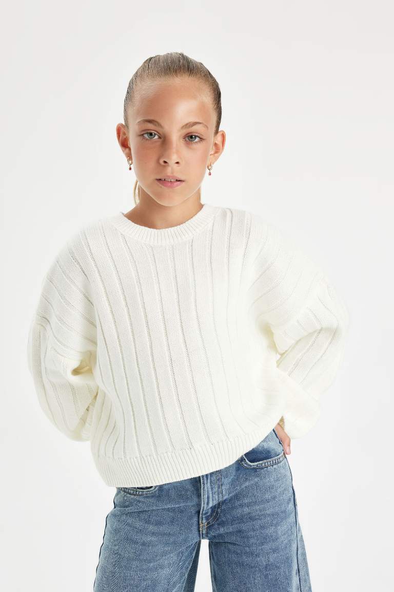 Girl Oversize Fit Crew Neck Basic Knitted Pullover