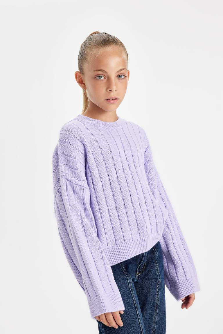 Girl Oversize Fit Crew Neck Basic Knitted Pullover