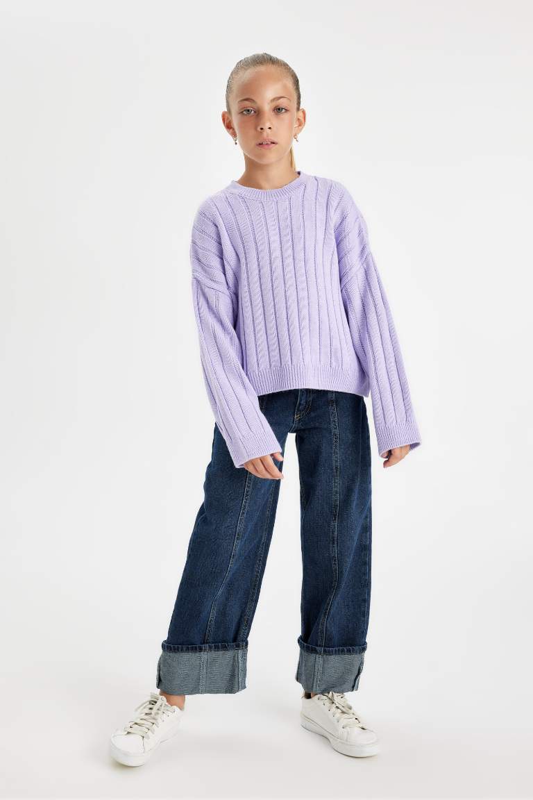 Girl Oversize Fit Crew Neck Basic Knitted Pullover