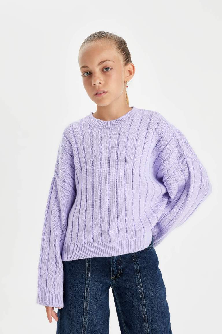 Girl Oversize Fit Crew Neck Basic Knitted Pullover