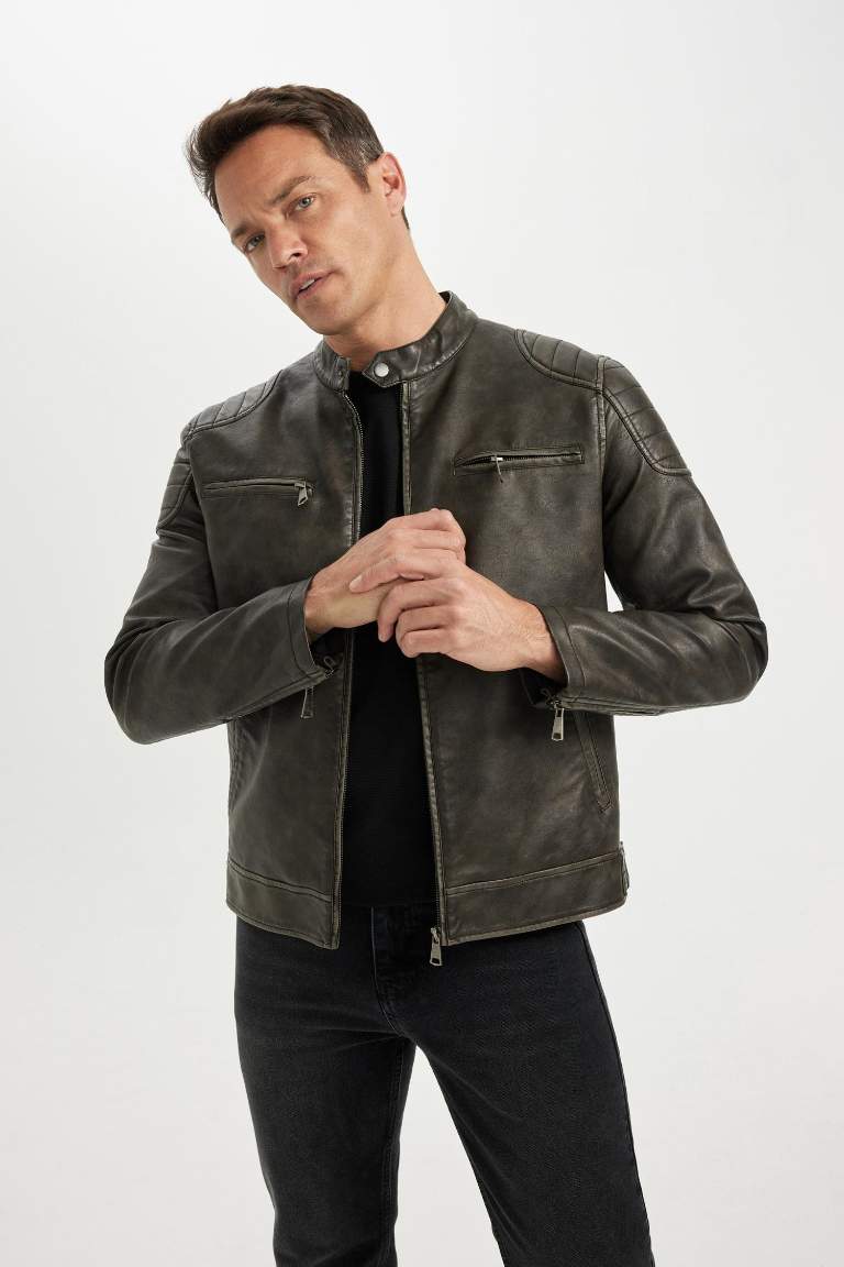Slim Fit Suni Deri Mont Ceket Dar Kesim Dik Yaka Fermuarlı Cepli Astarlı Mevsimlik