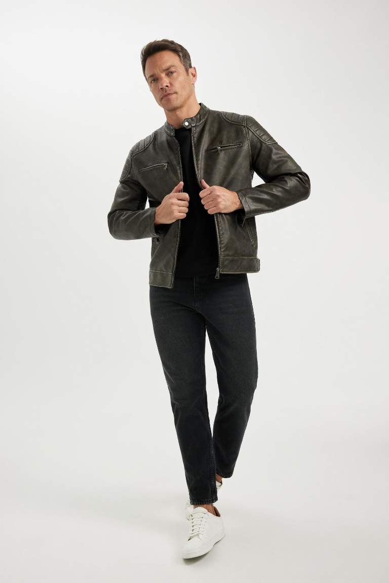 Slim Fit Suni Deri Mont Ceket Dar Kesim Dik Yaka Fermuarlı Cepli Astarlı Mevsimlik