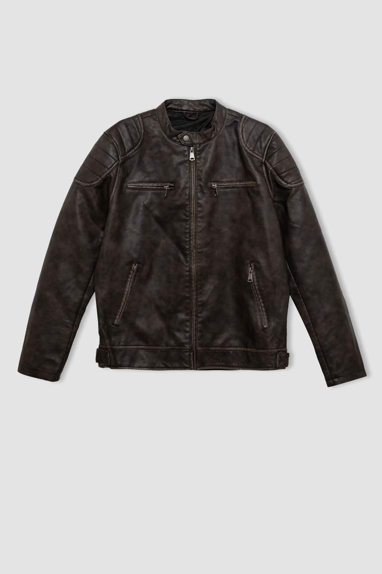 Slim Fit Suni Deri Mont Ceket Dar Kesim Dik Yaka Fermuarlı Cepli Astarlı Mevsimlik