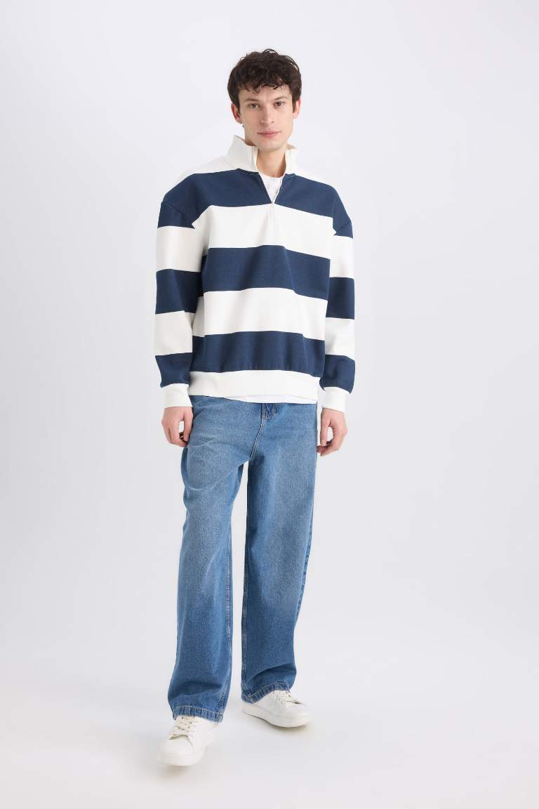 Boxy Fit Zippered Stand Collar Striped Sweatshirt