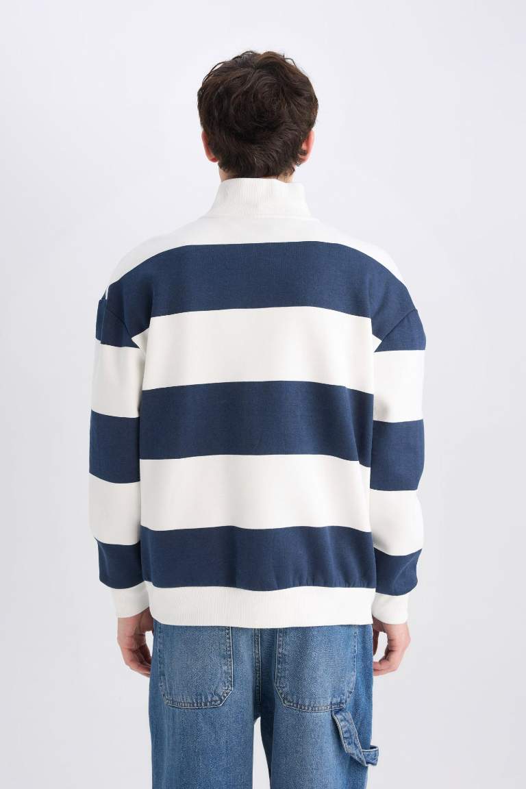 Boxy Fit Zippered Stand Collar Striped Sweatshirt